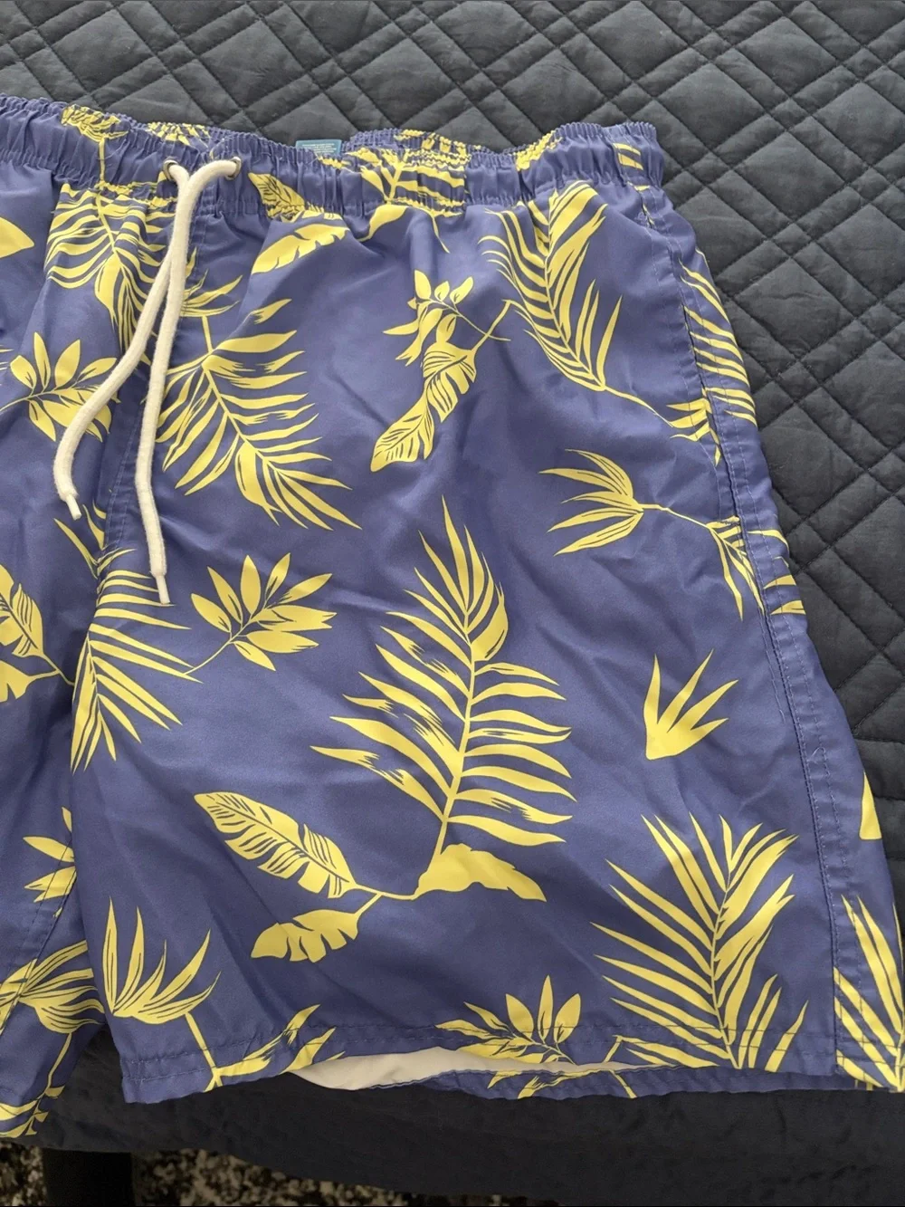Navy Blue Swim Shorts with Yellow Leaf Print